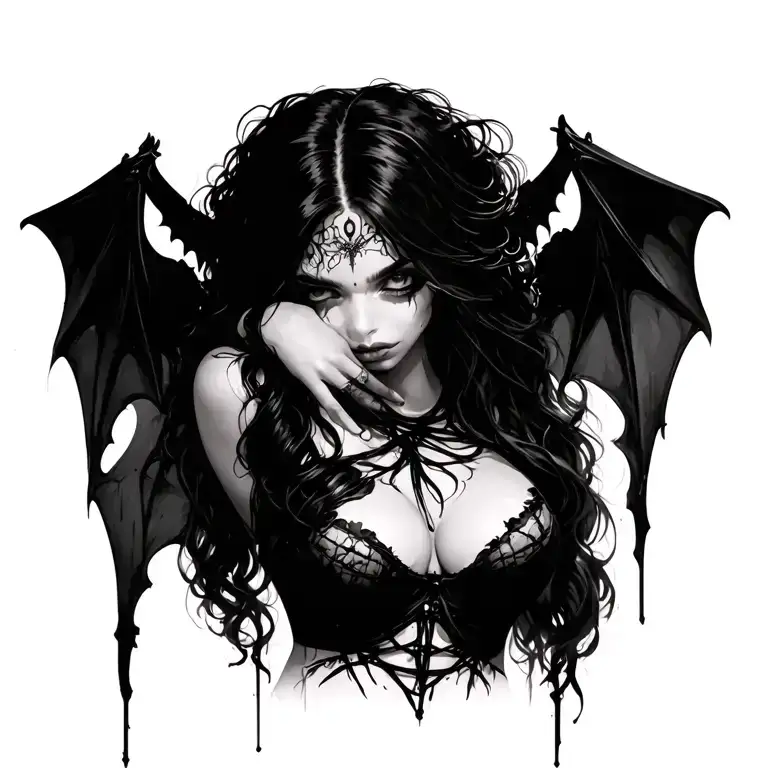 Gothic, Succubus, Big Boobs, G-String, Ripped Bra, G-String, Portrait tattoo design idea