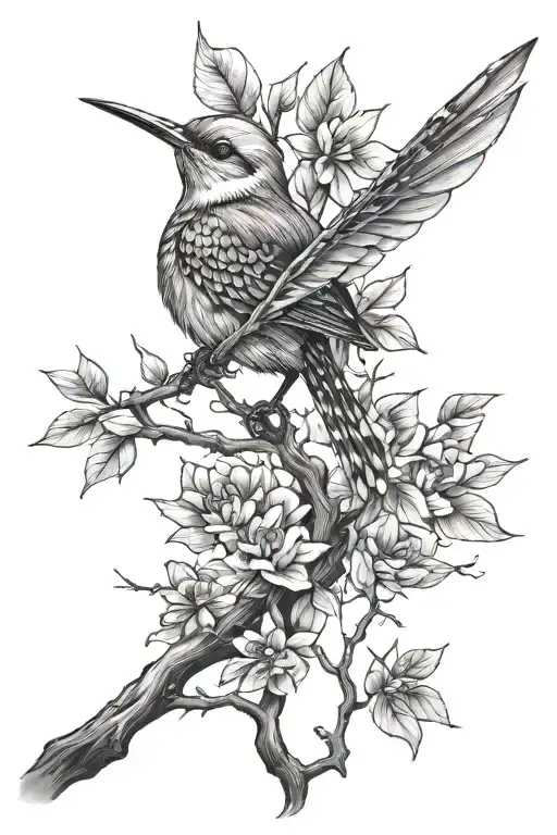 bird and a dragonfly on a tree branch  tattoo design idea