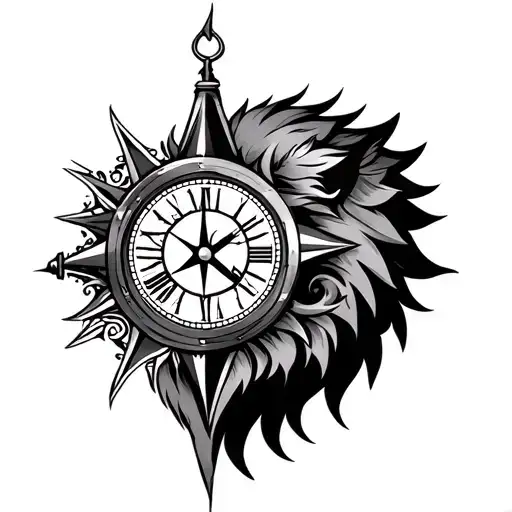 compass clock forearm lion head tattoo design idea