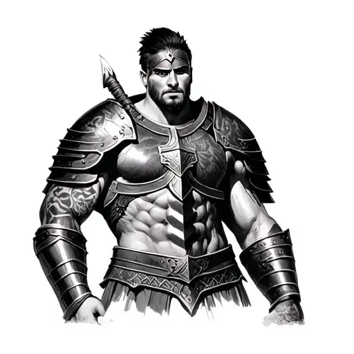 "A black and white drawing depicting a muscular, imposing Spartan warrior wearing classic armor with tattoo design idea