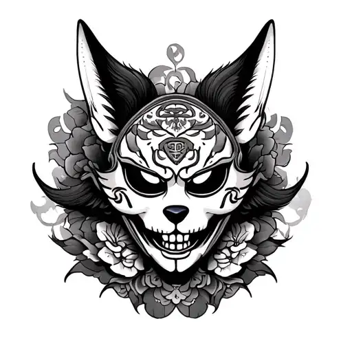 Japanese sleeve with the mask of kitsune hannya tengu lucky charm with a symbol of discipline flor de la muerte japanese tattoo design idea