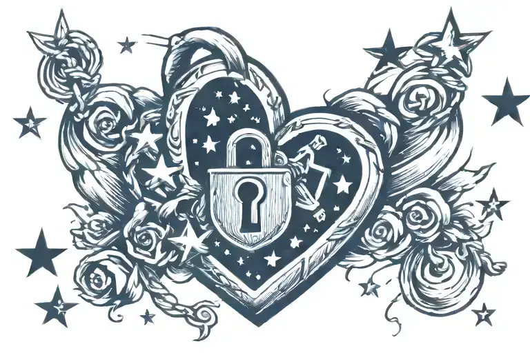 a heart, padlock and stars tattoo design idea