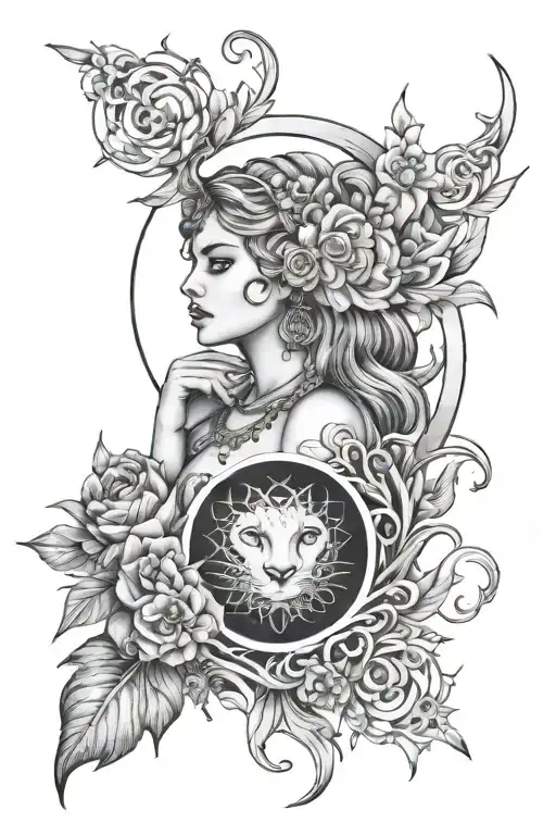 divine feminine energy goddess Leo sun cancer moon Scorpio rising tattoo design idea