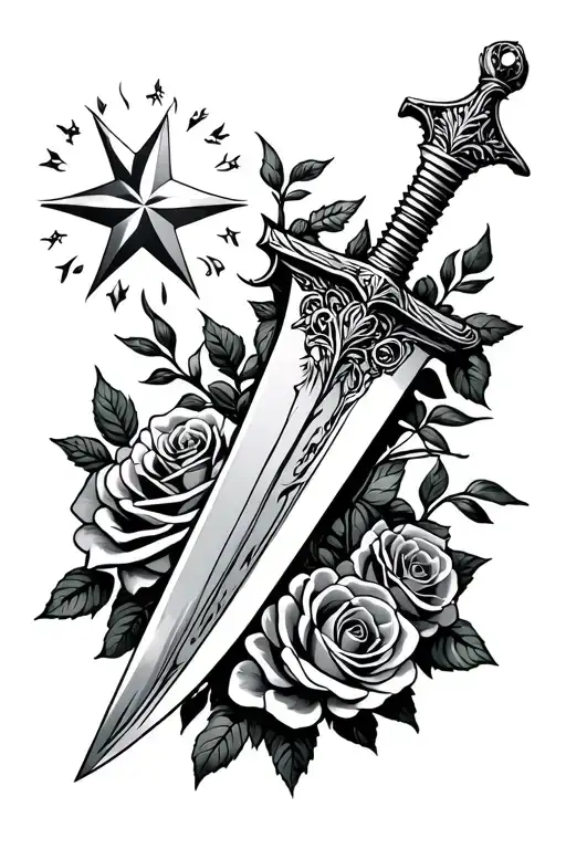 throwing dagger wrapped by roses growing with north star  tattoo design idea