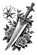 throwing dagger wrapped by roses growing with north star  tattoo design idea
