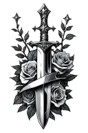 throwing dagger wrapped by roses growing with north star  tattoo design idea