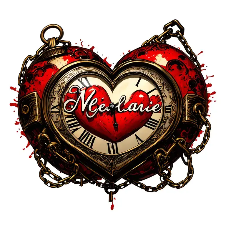 "Mélanie" clock heart chains tattoo design idea