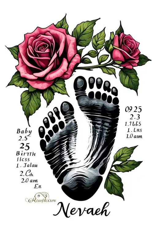 Roses with baby foot print Name Nevaeh date of birth 09/25/23 time of birth 1:15am 6lbs 7oz and height 20inches  tattoo design idea