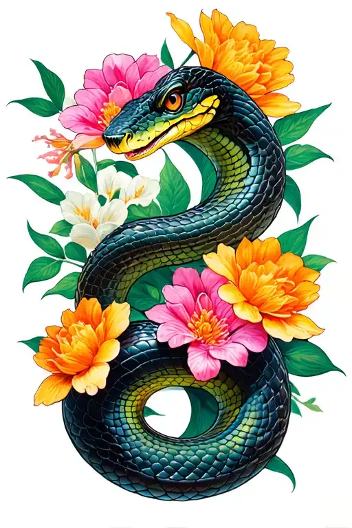 snake with flowers, named isabella and mirela, tattoo design idea