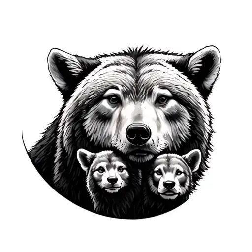 a bear protecting its 2 cubs from a wolf realistic tattoo design idea