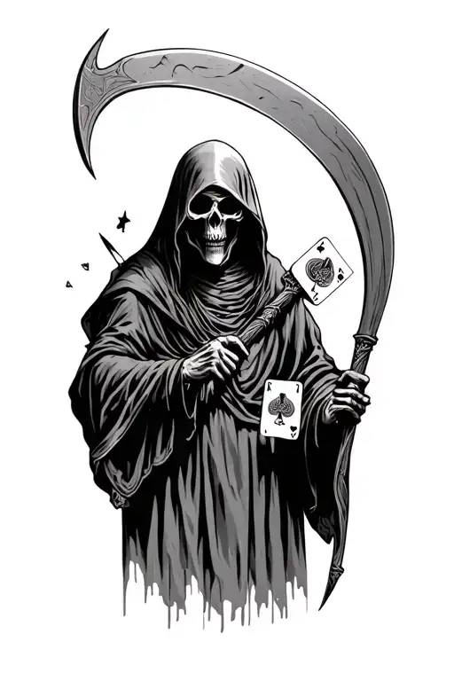 grim reaper holding scythe and playing cards tattoo design idea