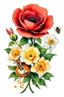 wild roses, poppies, primrose, narcissus, and honeysuckle with vines, a bee and bunny tattoo design idea