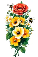 wild roses, poppies, primrose, narcissus, and honeysuckle with vines, a bee and bunny tattoo design idea