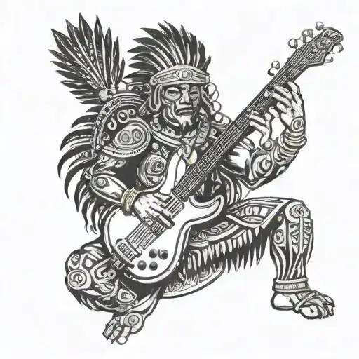 Inca warrior playing a bass guitar tattoo design idea