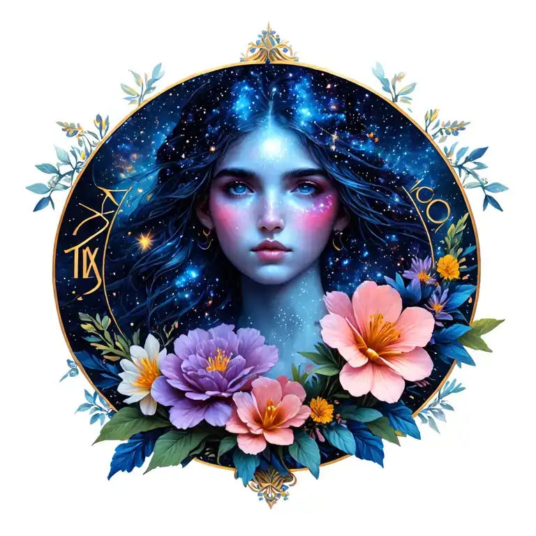 galaxy with flowers Gemini zodiac sign tattoo design idea