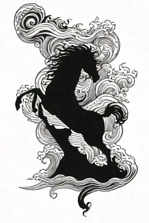 backpiece, poseidon and horse coming out of waves  tattoo design idea