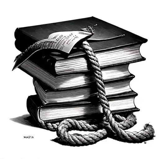 book stack tied with rope, bdsm, mafia, dark romance, knife stabbed on top of open book tattoo design idea