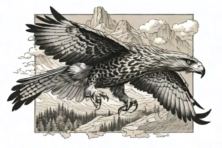 hawk flying and gazing into a mountain valley tattoo design idea