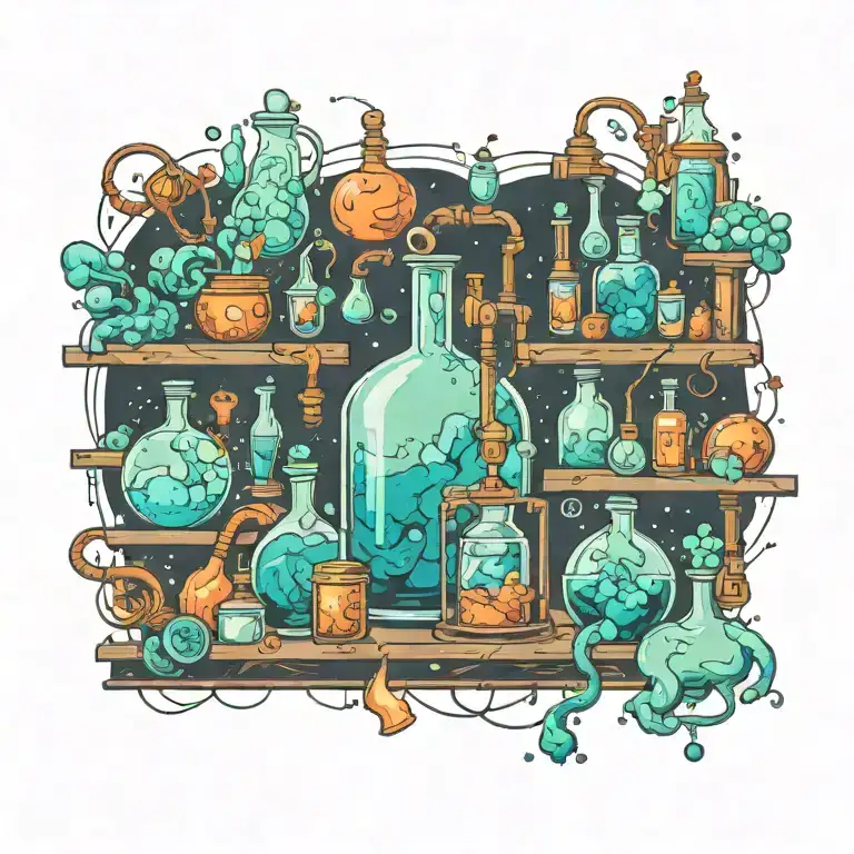 A neotraditional design of a chemist's laboratory filled with fantastical elements like floating crystals and glowing potions, surrounded by religious symbols tattoo design idea