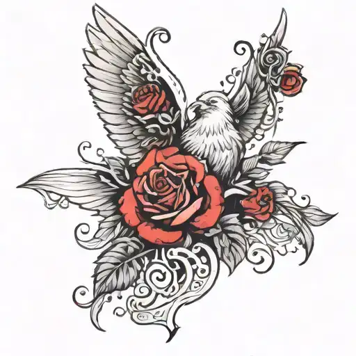 Seraphim and red rose blooming tattoo design idea