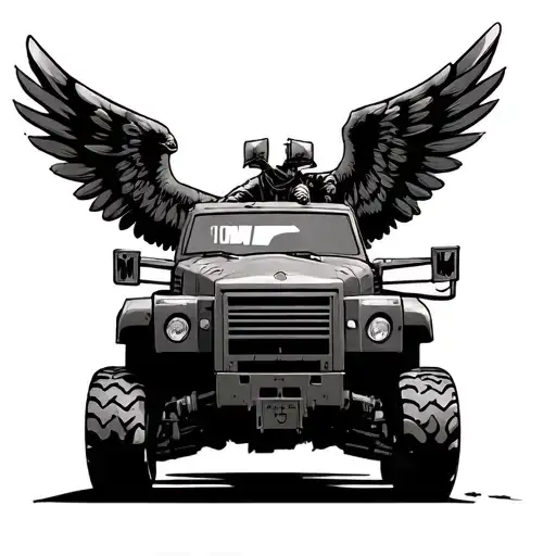 Halo video game warthog truck with eagle wings and exhaust flames, in that traditional WWII bomber pin-up  tattoo design idea