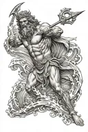 poseidon holding a trident in the ocean waves tattoo design idea