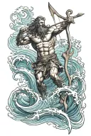 poseidon holding a trident in the ocean waves tattoo design idea