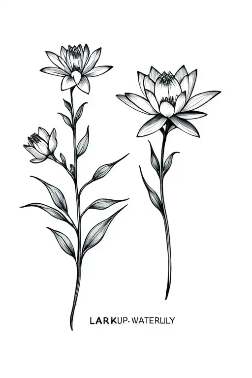 larkspur and waterlilly with name on stem tattoo design idea