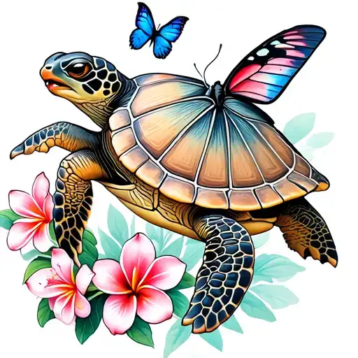 Sea turtle, plumeria turning to butterflies, cherry blossoms tattoo design idea