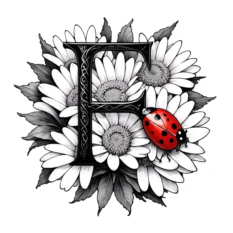 norse rune F with daisy and ladybug  tattoo design idea