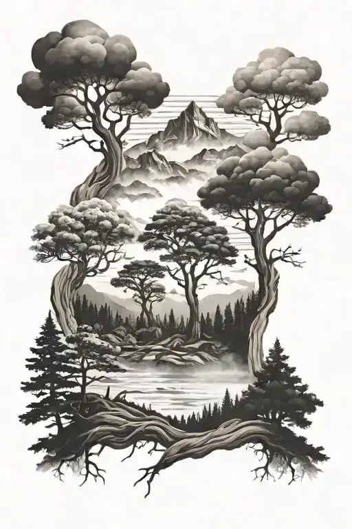 trees, mountains, clouds, fog, cocaine, life, growth, family tree tattoo design idea