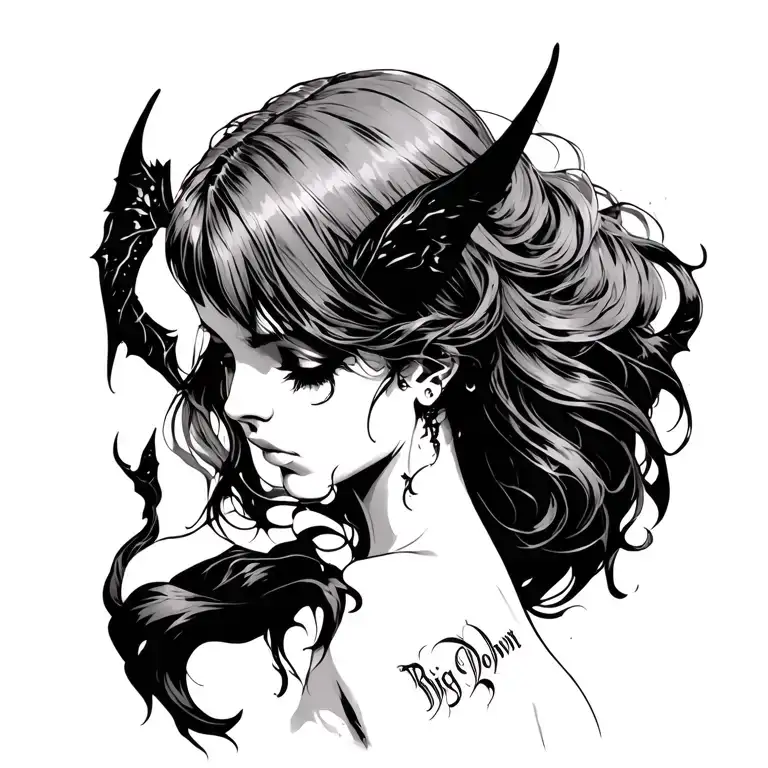 Gothic, Succubus, Big Boobs, Looking Down tattoo design idea