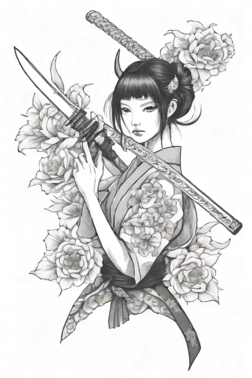 Japanese style woman holding a katana Infront of her face flowers around her facing a dragon . She wears a demon masc on tattoo design idea
