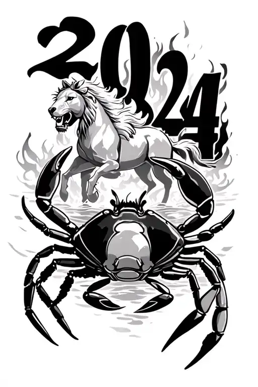 "2024" crab in water with fire and a lion and horse galloping tattoo design idea