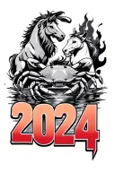 "2024" crab in water with fire and a lion and horse galloping tattoo design idea