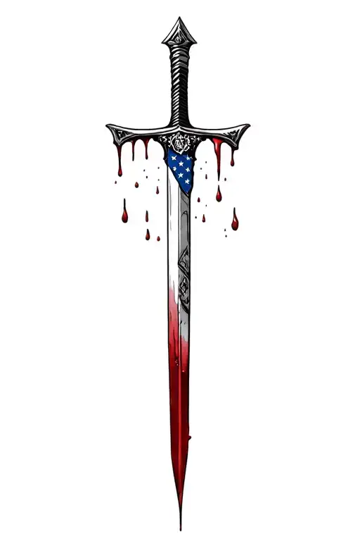 blood dripping and usa flag and long blade and runes and stone tattoo design idea