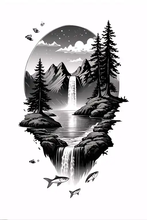 mountains,trees,waterfall with fish jumping out of water,night sky background tattoo design idea