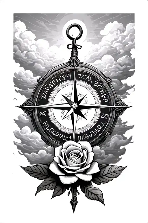 compass and rose tattoo with clouds with a date of 27:12:2022 in roman numarals tattoo design idea