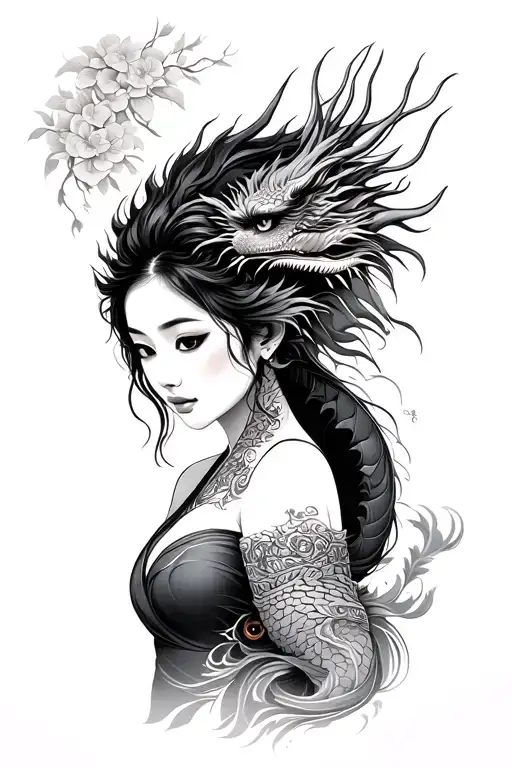 Vietnamese lady with Dragon wrapped tattoo design idea