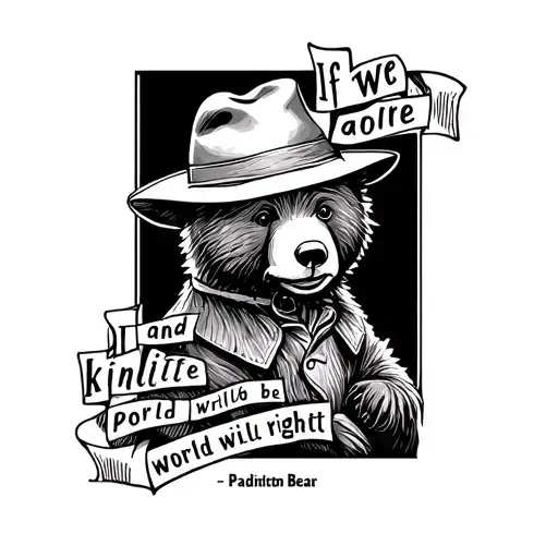 Create a line drawing of the quote “If we are kind and polite world will be right - Paddington Bear” on 3 lines, upper a tattoo design idea