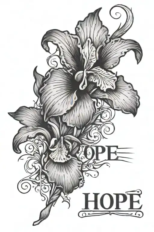 The word hope spelled out with the first letter of each of the words “hold on pain ends” with an iris flower tattoo design idea