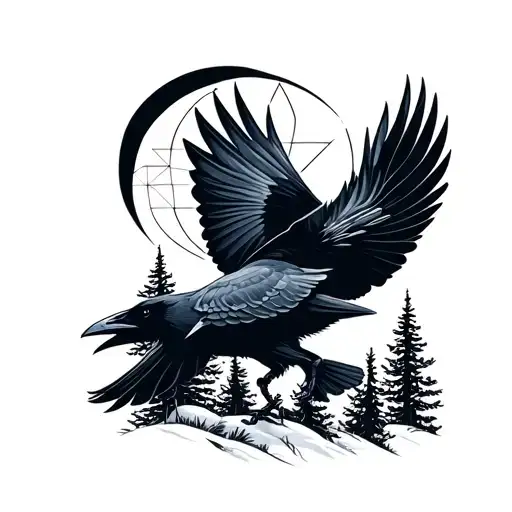 a raven flies over the tops of the fir trees in the background, with a crescent moon tattoo design idea