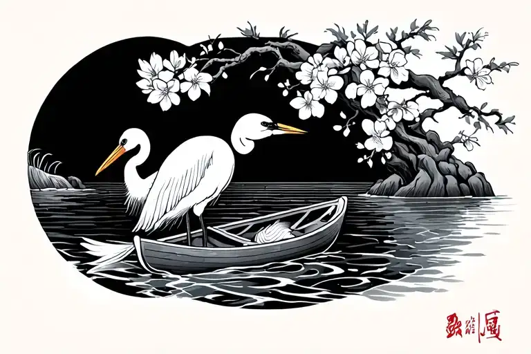Japanese cherry blossom, crane, coy fish, row boat tattoo design idea