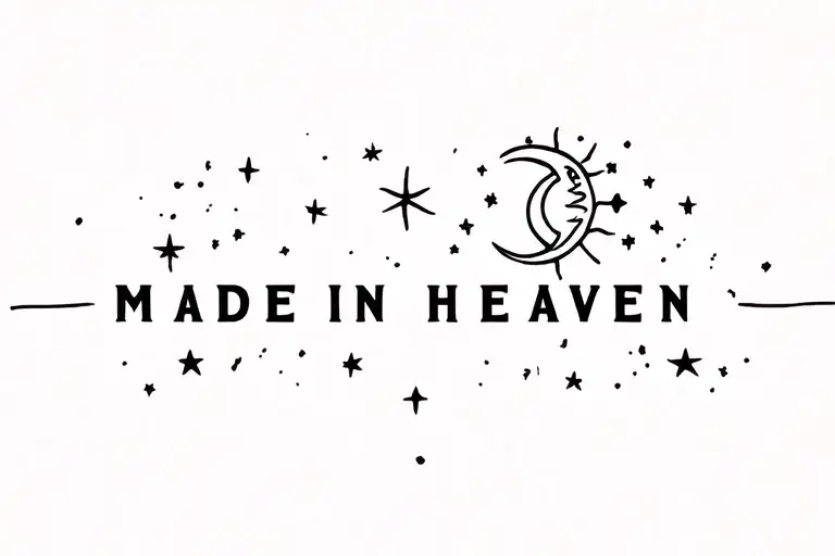 Horizontal back tattoo. Sun, crescent moon, and stars and the words MADE IN HEAVEN  tattoo design idea