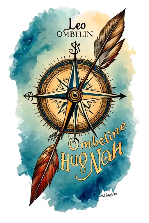 "Léo Ombeline Hugo Noah" compass, Indian arrows with first name tattoo design idea