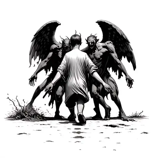 faceless kid walks down a path with demons and devil grabbing on him on one side and angels pulling me other side tattoo design idea