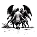 faceless kid walks down a path with demons and devil grabbing on him on one side and angels pulling me other side tattoo design idea