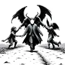 faceless kid walks down a path with demons and devil grabbing on him on one side and angels pulling me other side tattoo design idea