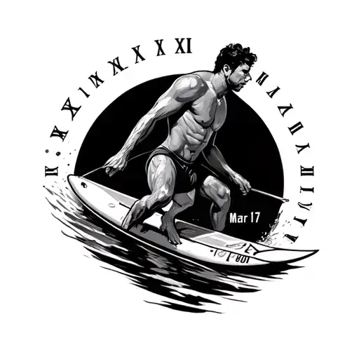 man surfing with Roman numerals of March 17  tattoo design idea