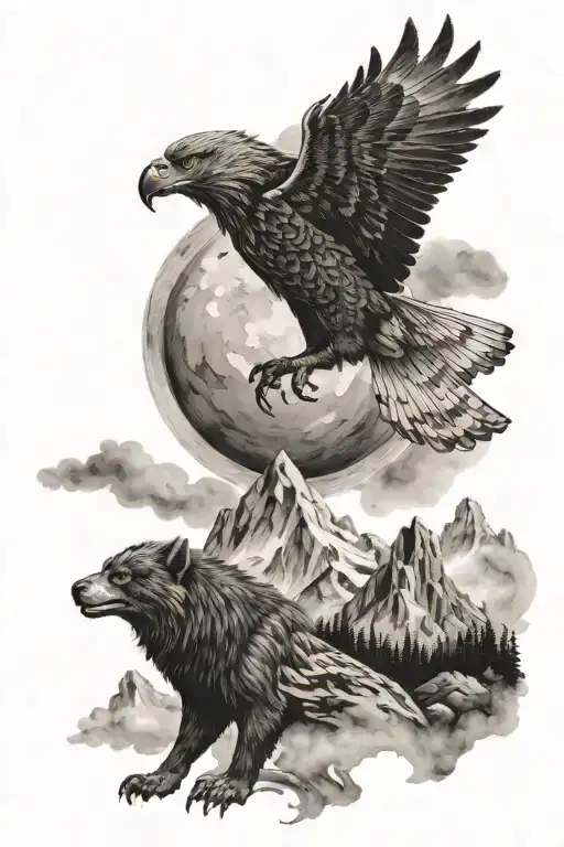 A tattoo of an eagle flying in the sky with sparkling eyes, a wolf on a mountain cliff howling, and below, a bear roarin tattoo design idea